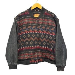 Woolrich Mens Vintage Southwestern Wool Leather Sleeve Bomber Jacket Brown